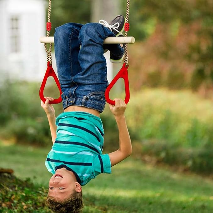 Trapeze Swing Bar with Rings, Wooden Trapeze Swing Bar with Plastic Gym Rings Adjustable Rope, Locking Straps, Outdoor Swing Set Playground Accessories for Kids (Red)