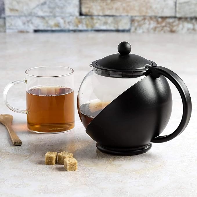 Primula Half Moon Teapot with Removable Infuser, Glass Tea Maker with Reusable Fine Mesh Stainless Steel Filter, Dishwasher Safe, 40-Ounce, Black