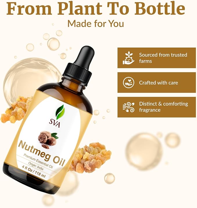 SVA Nutmeg Essential Oil 4 Fl Oz – for Diffuser, Skin & Hair Care – Ideal for Massage & DIY Blends - with Dropper