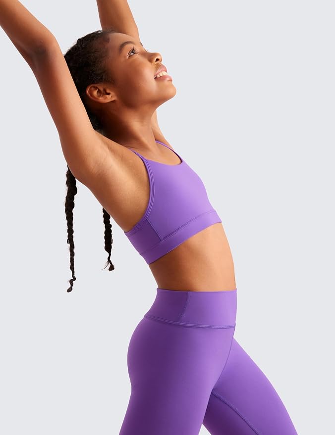 CRZ YOGA Girls Butterluxe Y Back Sports Bra - Yoga Athletic Casual Tops Scoop Neck Spaghetti Strap Padded Crop Kids Teen