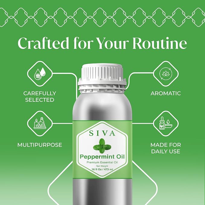 Siva Peppermint Essential Oil 16 Fl Oz – for Diffuser, Skin & Hair Care – Ideal for Aroma, Massage & DIY Blends- with Dropper