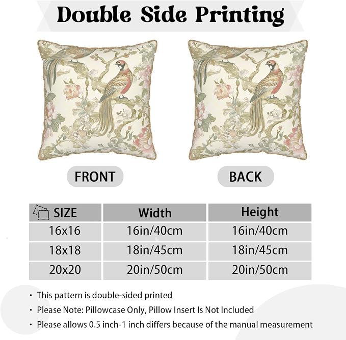 Vintage Cream Chinoiseriel Soft Velvet Throw Pillow Covers Set of 2 Bird Floral Flowers Leaves Decorative Pillow Covers 16x16 Inch Rustic Farmhouse Pillow Case For Sofa Couch Living Room Home Decor