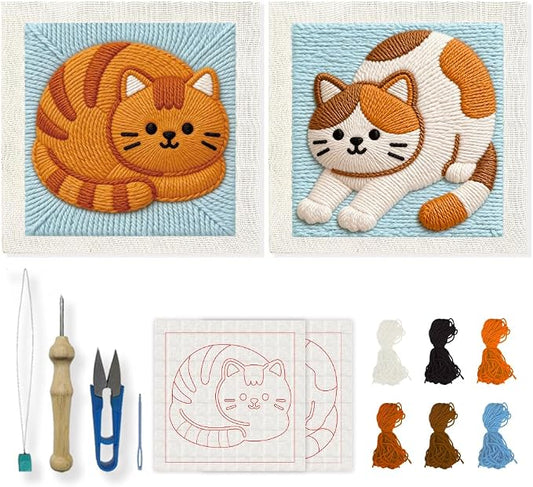 INFUNLY 2 Pcs Cats Punch Needle Embroidery Kit 9.4" DIY Punch Embroidery Kit for Adults Squatting Cat Needlepoint Set Pets Needles Stitching Kits with Instruction for DIY Craft Lovers Gift