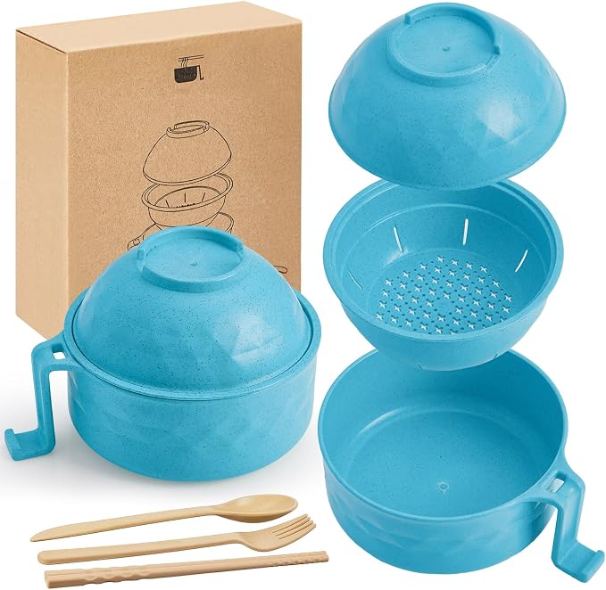 1 Set Microwave Ramen Cooker 40oz Wheat Straw Microwave Noodle Bowl Set with Chopsticks, Spoon, Fork, College Dorm Office Apartment Essentials (Sky Blue)