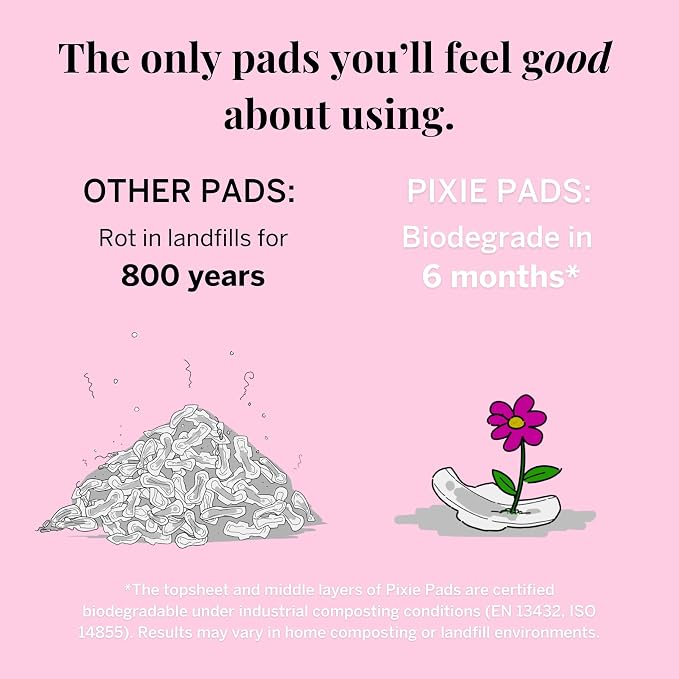 Pixie Organic Pads Ultra-Thin Extra Long Overnight Cotton Pads for Women – Maximum Absorbency with Wings – Leak-Proof, Hypoallergenic, Unscented, Postpartum – Compostable, Biodegradable – 12 Count