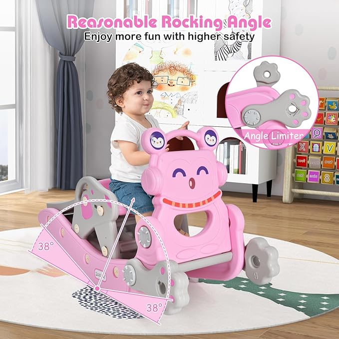 HONEY JOY Toddler Slide Rocking Toy, 6 in 1 Convertible Freestanding Slide for Kids w/Basketball Hoop/Ring Toss Game/Rocking Horse/Stool, Foldable Baby Climber Playground Slide for Indoors Outdoors