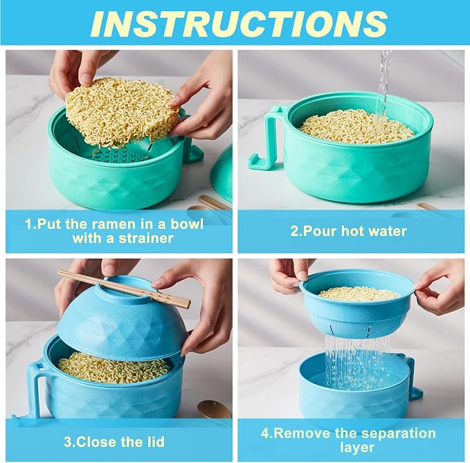 8 Sets Microwave Ramen Bowl Bulk 40 oz Wheat Straw Instant Ramen Cooker Set Portable Noodle Cooker with Handle Spoon Chopsticks Fork for College Dorm Room Gift (Nature Tones)