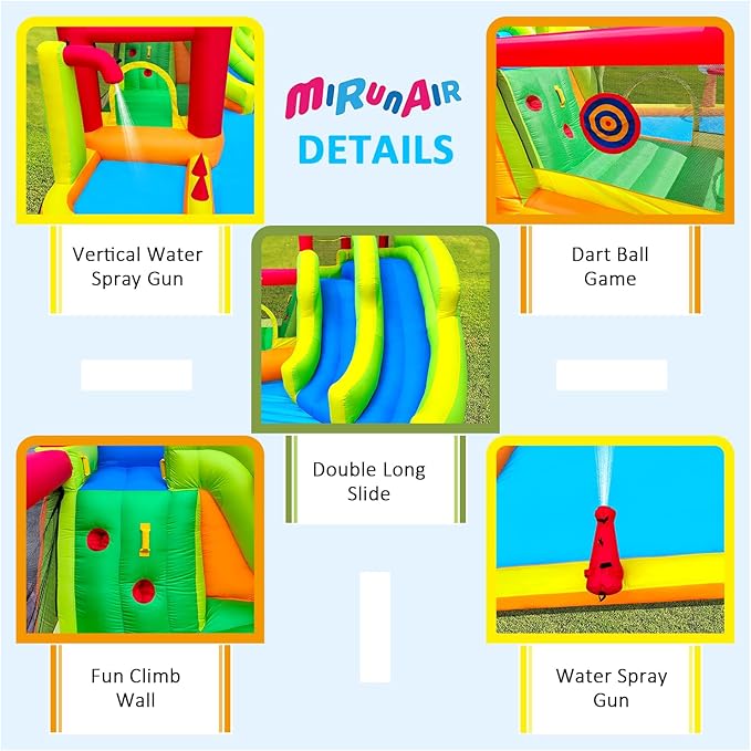 Inflatable Bounce House with Slides, Inflatable Water Slide for Kids Backyard, Bounce Water Prak with Air Blower, Splash Pool, Water Cannon, Climbing Wall, Outdoor Backyard Water Park