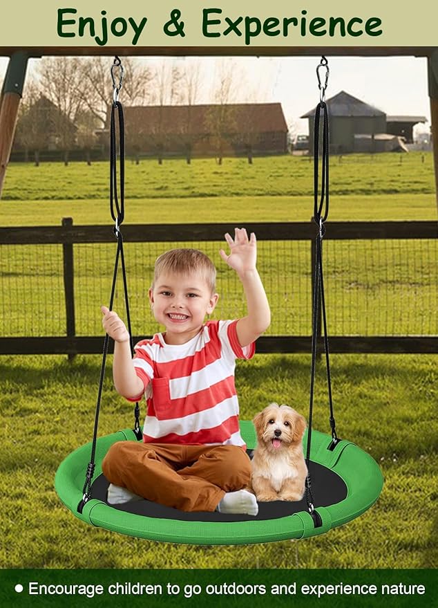 24 Inch Saucer Tree Swing Set for Kids & Adults, Adjustable Swing Sets for Backyard or Outdoor Playground, Green & Black, 1 Pack