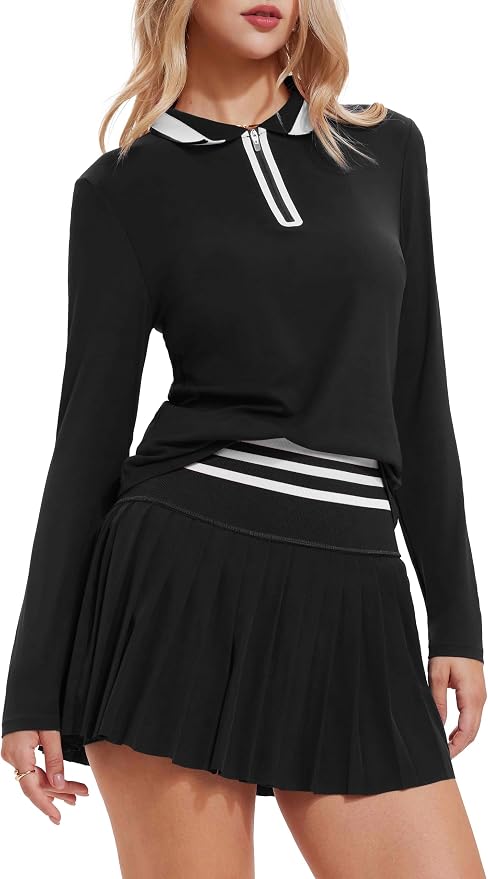 Tennis Skirt Sets for Women Zipper Color Block High Waisted Golf Polo Two Piece Skirt Set Women 2 Piece Outfits