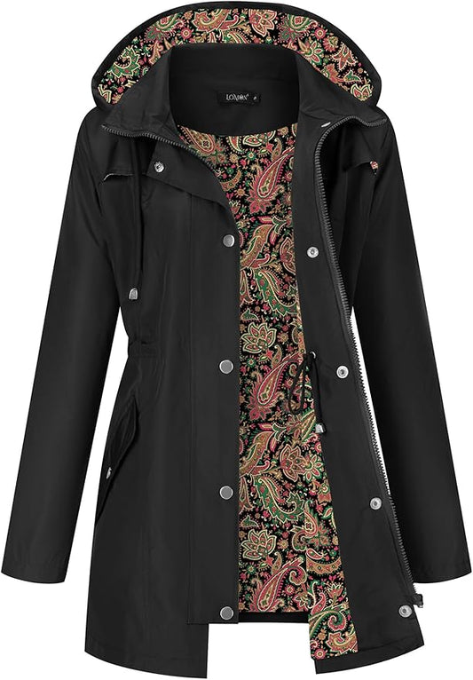 LOMON Women Waterproof Outdoor Hiking Raincoat Women Lined Rain Jacket Lightweight Hooded Jackets Trench Coats