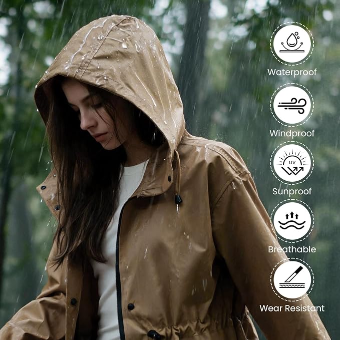 LAMA Womens Long Raincoats Rain Jacket Waterproof Packable Hooded Windbreaker Lightweight Adjustable Waist for Outdoor