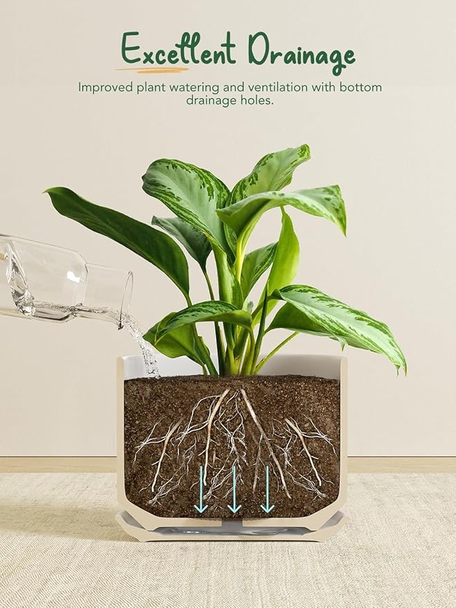 LE TAUCI Ceramic Pots for Plants, 4.3+5.3+6.8 Inch Plant Pots, Indoor Planters with Drainage Hole and Saucer for Succulents, Herbs and Flowers, Set of 3, Satin, White