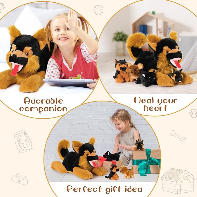 MaoGoLan 5 Giant German Shepherd Dog Plush Toys with 4 Babies, Realistic Soft and Cuddly Stuffed Dog Puppies for Kids, Puppy Lovers