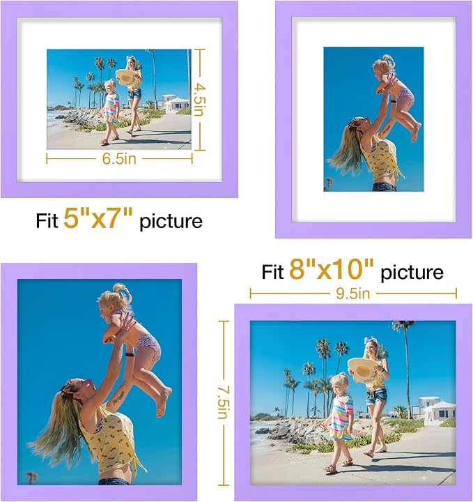 Vittanly 8x10 Picture Frames Set of 9 for Wall or Tabletop Display, Purple | Display Pictures 5x7 with Mat or 8x10 without Mat, Small Photo Frames, Engineered Wood with Shatter Resistant Plexiglass