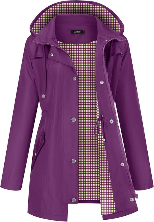 LOMON Women Waterproof Outdoor Hiking Raincoat Women Lined Rain Jacket Lightweight Hooded Jackets Trench Coats