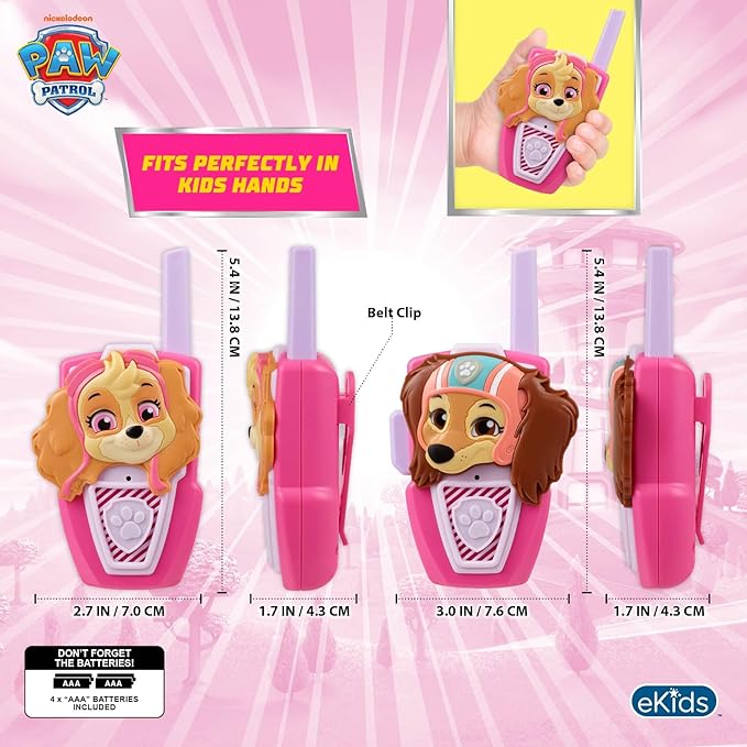 eKids Paw Patrol Skye Liberty Walkie Talkies for Kids, Static Free and Extended Range, Indoor and Outdoor Toys (Skye Liberty)
