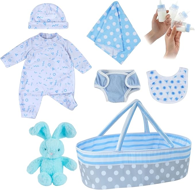 BABESIDE 8 Pcs Reborn Baby Doll Accessories for 17–22 Inch Dolls – Reborn Baby Doll Clothes, Bassinet, Magic Bottle & Magnetic Pacifier – Fits Reborn Newborn Boys & Girls