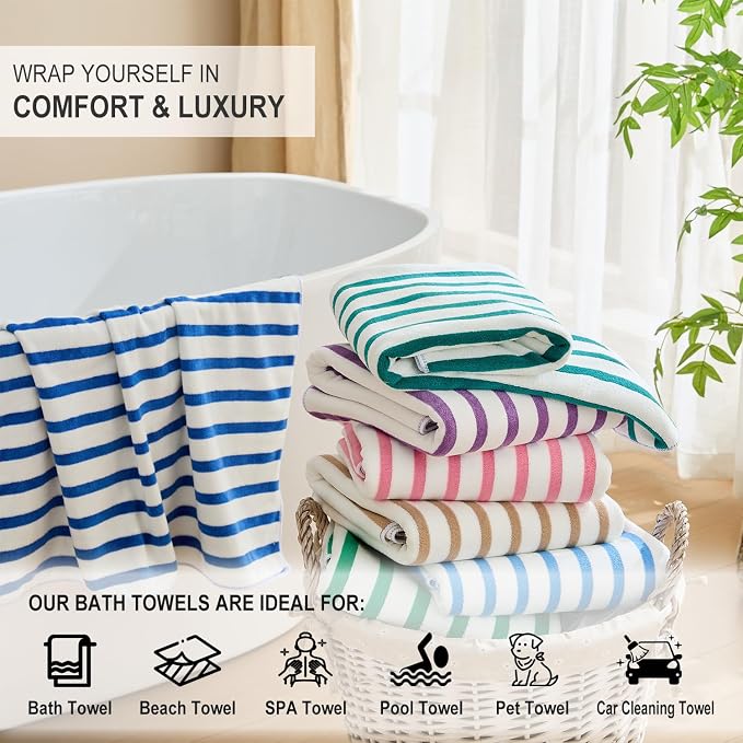 JML Microfiber Beach Towels, 6 Pack, 27" x 55", Large Bath Towel Set for Adult- Cabana Stripe - Absorbent, Quick Drying Lint-Free, No Fading for Summer Party, Pool, Sport, Yoga, Swimming, Purple
