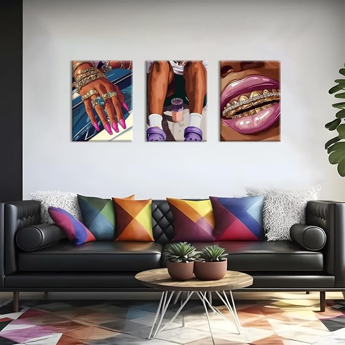 Framed Black Girl Wall Art Set of 3, Trendy Hip Hop Black Woman Wall Decor Paintings, Fashion African American Pictures Canvas Prints for Home Living Room Girly Bedroom 16x24 inch
