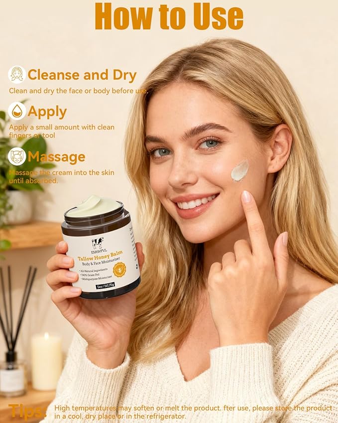 Beef Tallow for Skin, Whipped Tallow and Honey Balm for Body and Face, Natural Formula Grass Fed Tallow Face Moisturizer for All Skin Types - 5oz