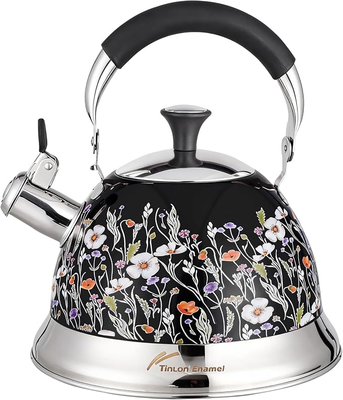 Stainless Steel Whistling Tea Kettle Stovetop - 3.1QT Tea Pot for Stove Top, Vintage Floral Print, Foldable Handle, 304 Stainless Steel Interior Teatop for Tea, Coffee, Party & Gift