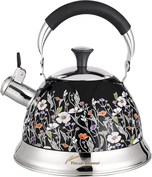 Stainless Steel Whistling Tea Kettle Stovetop - 3.1QT Tea Pot for Stove Top, Vintage Floral Print, Foldable Handle, 304 Stainless Steel Interior Teatop for Tea, Coffee, Party & Gift