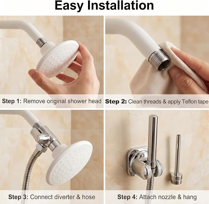 Shower Enema Kit for Personal Hygiene, 6FT Stainless Steel Douche Hose with 2 Smooth Nozzles, T-Valve Diverter, Adhesive Shower Holder, Easy Install for Men and Women