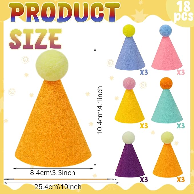 18pcs Mini Party Hats for Stuffed Animals, Birthday Party Cone Hats Dolls Dog Cat Rabbit Puppies Assorted Animal Birthday Decorations