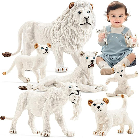 6PCS White Lion Toys Figurines Pride, African Jungle Animals Lion Family, Realistic Zoo Animal Toys, Preschool Toy Birthday Gift Cake Toppers for Kids Boys Girls
