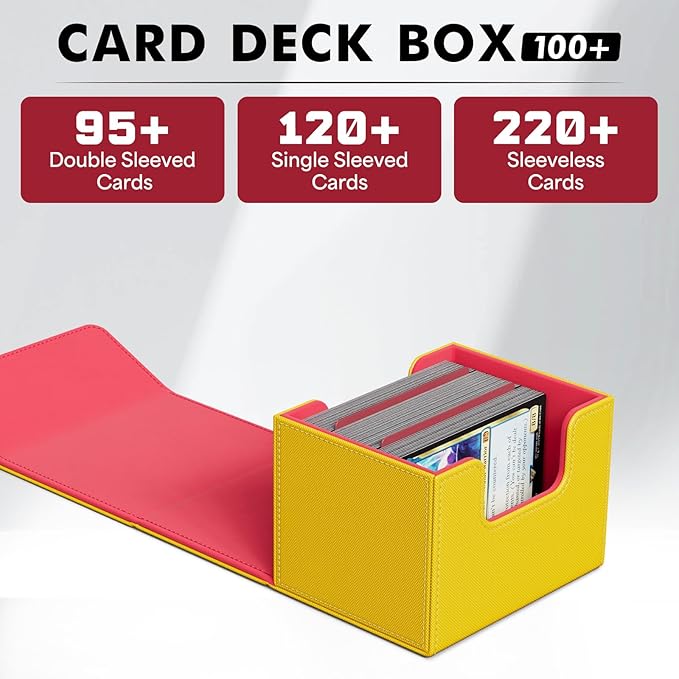 ZLCA Card Deck Box for Trading Cards, MTG Commander Deck Box Holds 120+ Single Sleeved Cards, Leather Magnetic Card Storage Box Fits for TCG CCG Magic Cards (Yellow&Red)