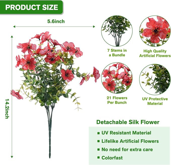 13 Bundles Artificial Flowers for Outdoors Summer Decoration | Silk Realistic UV Resistant Fake Plants Faux Flowers for Outside Planter Porch Yard Patio Garden Home Indoor, Red