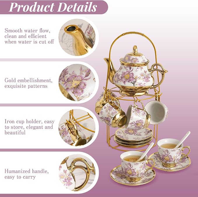 20 Pcs Porcelain Tea Set With Metal Holder,European Ceramic Tea Set for 6,Beautiful Tea Cup Gift Sets for Home&Party (Purple)