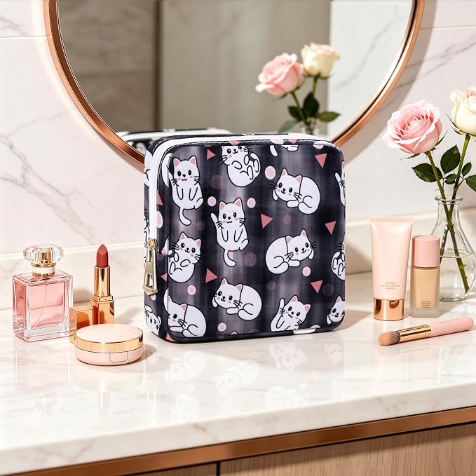 Period Pouch Discreet Sanitary Napkin Storage Bag Pad Bags | Menstrual Cup & Pad Holder, First Period Kit Storage, Feminine Bag for Women, Portable, Cat Print