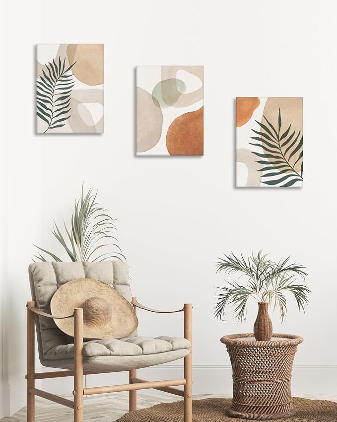 HesenDot Abstract Botanical Wall Art Set of 3, 30x40CM Neutral Plant Framed Canvas Prints, Beige Green Boho Aesthetic Wall Decor for Living Room Bedroom Bathroom Office Home