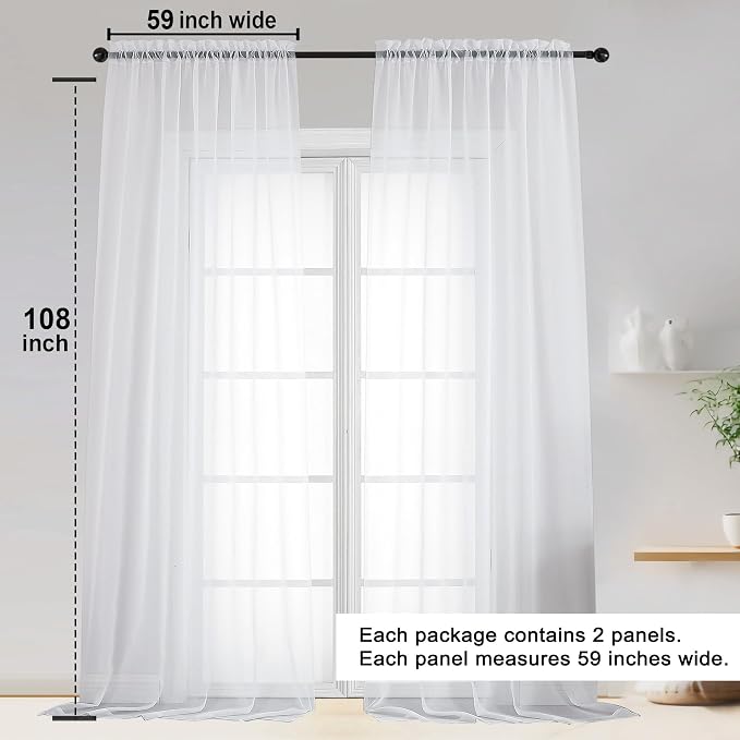 OWENIE Sheer White Curtains 108 Inches Long for Living Room Bedroom 2 Panels Set, Lightweight Airy White Sheer Curtain, Filmy Voile Rod Pocket, 2 PCS, Each 59" W x 108" L