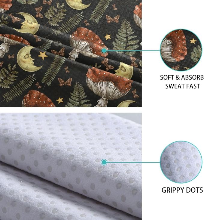 Retro Mushroom Moon Yoga Mat Towel Non Slip Soft Sweat Absorbent Hot Yoga Mat Towel, for Hot Yoga, Pilates and Workout-73 x 27 Inch