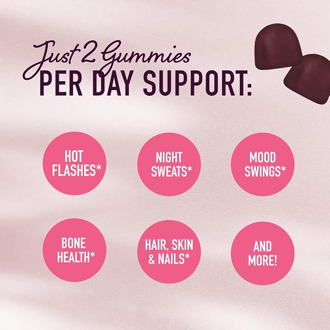 Menopause Support Gummies, Hormone Balance for Hot Flashes & Night Sweats | Mood & Bloating Support, With Phytoestrogen Soy Vitamin D3 PABA Biotin, Vegetarian, Gluten-Free, 60 Black Currant Gummies