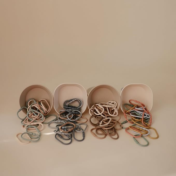 mushie Baby Chain Link Rings Toy 12-Count | Multiuse Car Seat Stroller Connecting Toy (Periwinkle, Mustard, Green, Coral)