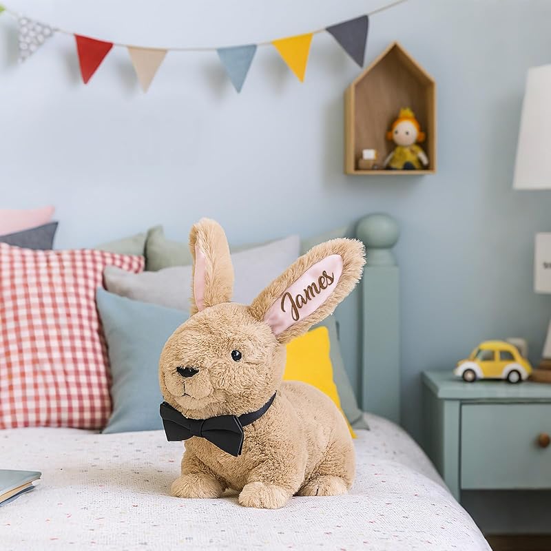 Custom Bunny Plush Embroidered Name, Realistic Bunny Stuffed Animal, Personalised Brown Rabbit for Baby Birthday Easter Gift for Girls Toddlers Kids(1 ear)