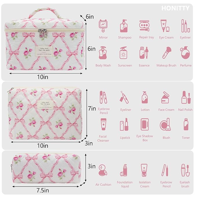 honitty Makeup Bag,Quilted Cosmetic Bag,Large Floral Make Up Bag for Women,Cotton Makeup Bag Set,Flower Travel Toiletry Bag