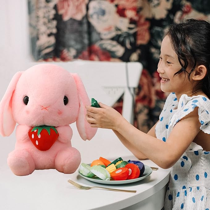 HOUPU Soft Toy - Sitting Lop Eared Rabbit, Easter White Rabbit Stuffed Bunny Animal with Carrot Soft Lovely Realistic Long-Eared Standing Pink Plush Toys (Pink-Strawberry,12.5in/32cm)
