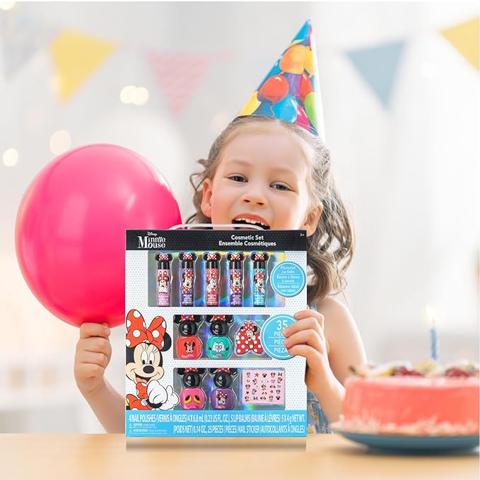 Disney Minnie Mouse Sparkly Cosmetic Makeup Set for Girls with Lip Balm Nail Polish Nail Stickers-35 Pcs|Perfect for Parties Sleepovers Makeovers|Birthday Gift for Girls by Townley Girl