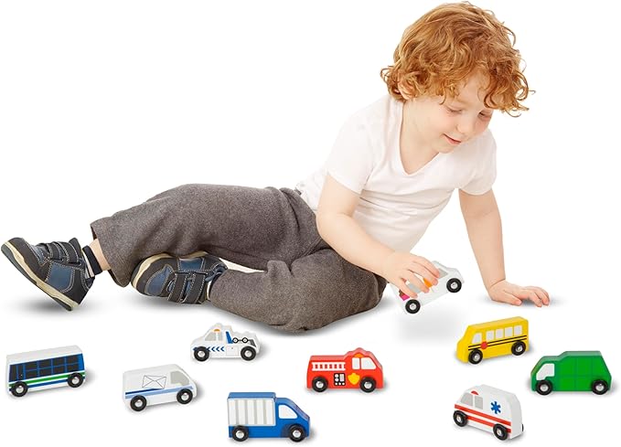 Melissa & Doug Wooden Town Vehicles Set in Wooden Tray (9 pcs)