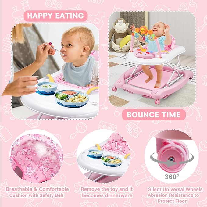 Baby Walker, 5 in 1 Baby Walkers for Boys Girls 6-12 Months, Foldable Walkers for Babies with Bouncer & Feeding Tray, Music, Adjustable Heights, Activity Walker for Infant
