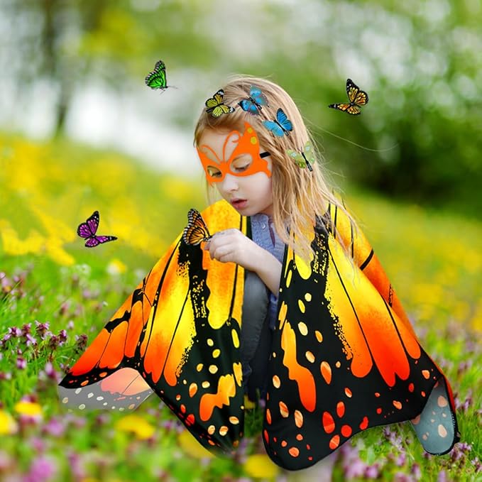 Kids Butterfly Wings Costume Girls Fairy-Wings Toddler Dress Up Play Costumes Butterfly Hair Clip Mask Party Favors (Orange Sets)