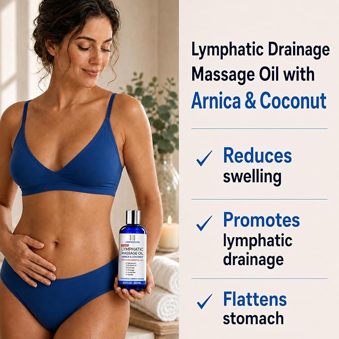 Lymphatic Drainage Massage Oil for Massage Therapy - Arnica Oil & Coconut for Post Surgery Recovery & Lymphatic Drainage Massager, Liposuction, 360 Lipo, BBL, Tummy Tuck Procedure,Moisturizing -8.5 Oz