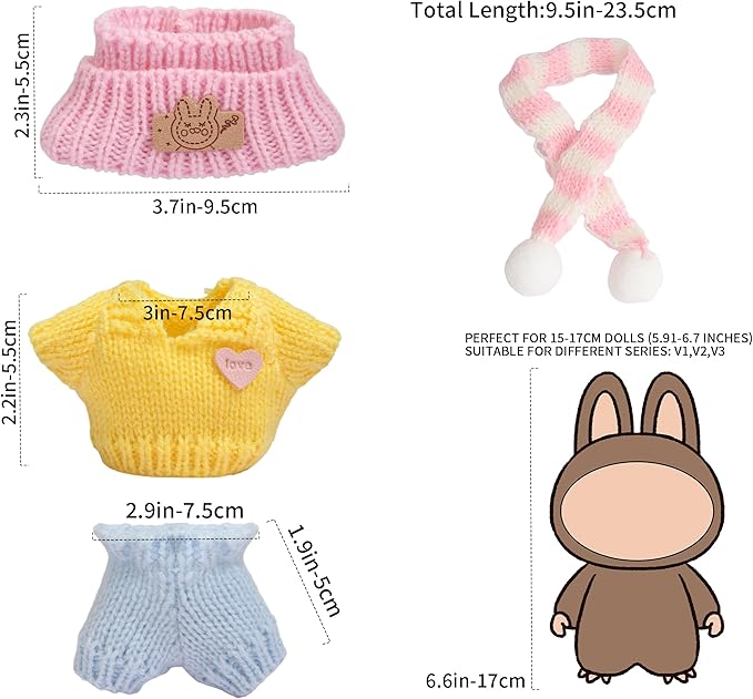 17cm Doll Clothes - 10PCS Cute Dolls Clothes and Shoes,Hat, 6.7 Inches Woolen Crochet Suit,Strap Jumpsuit, with Scarf Glasses - Adorable Pink Blue Dolls Accessories (NoDoll)