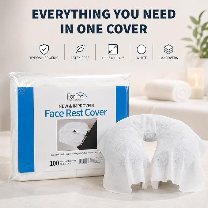 ForPro Massage Face Rest Covers, Ultra Soft, Hypoallergenic, Latex-Free, Disposable Headrest Covers, 16.5” L x 13.75” W, White, 100-Count