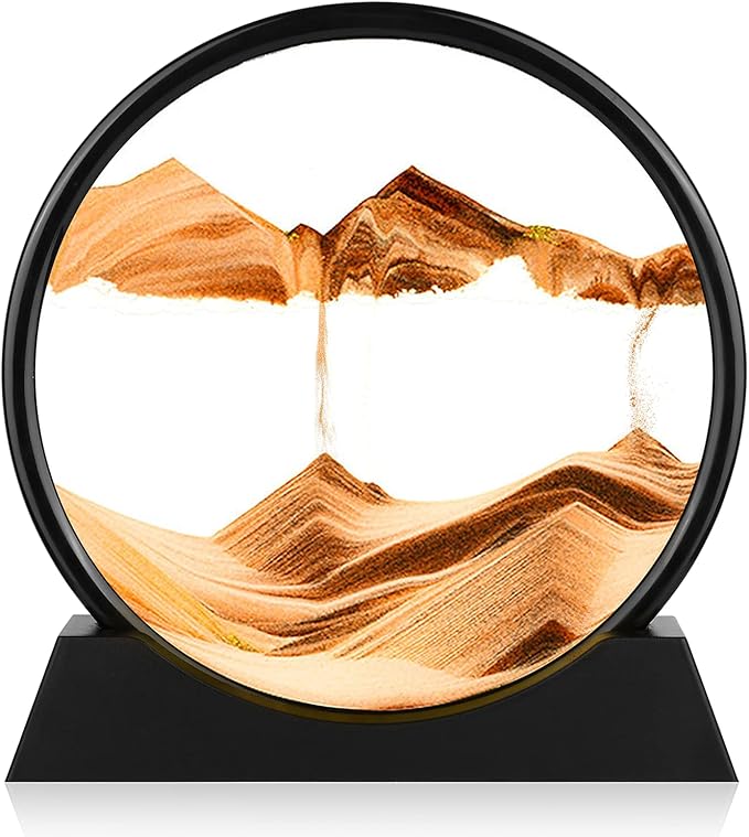 Moving Sand Art Picture - 3D Quicksand Painting Decor - Round Glass 3D Deep Sea Sandscape - Relaxing Home Decoration Desk Toys for Home Office Desk Mantle Bookshelf- (Yellow, 12 in)